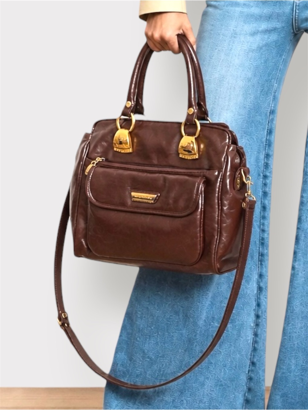 Capezio Y2K Brown Vegan Leather Satchel Bag With Bold Gold Hardware